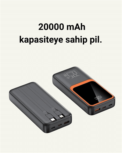 Powerbank 20000 mAh | 22.5W Hızlı Şarj, Dahili Kablolu, LCD Ekranlı Şarj Cihazı