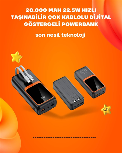 Powerbank 20000 mAh | 22.5W Hızlı Şarj, Dahili Kablolu, LCD Ekranlı Şarj Cihazı