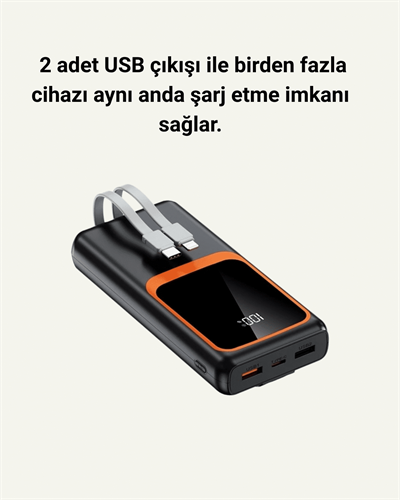 Powerbank 20000 mAh | 22.5W Hızlı Şarj, Dahili Kablolu, LCD Ekranlı Şarj Cihazı