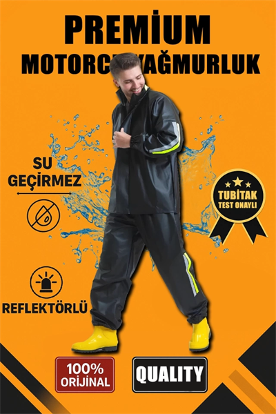 Premium Motorcu Kurye Yağmurluk Takım Su Geçirmez PVC Kumaş Reflektörlü TÜBİTAK Onaylı - Siyah