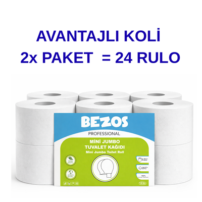 Professional Mini Jumbo Tuvalet Kağıdı 24 Rulo | 2 Katlı | %100 Selüloz | Endüstriyel & Ev Tipi Kullanım 2X12RULO