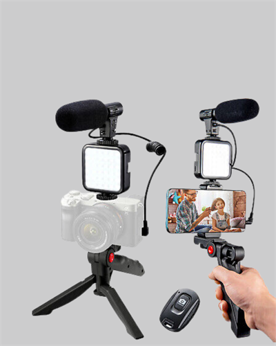 Profesyonel Vlog Çekim Kiti LED Işıklı Tripod Mikrofonlu Telefon Seti