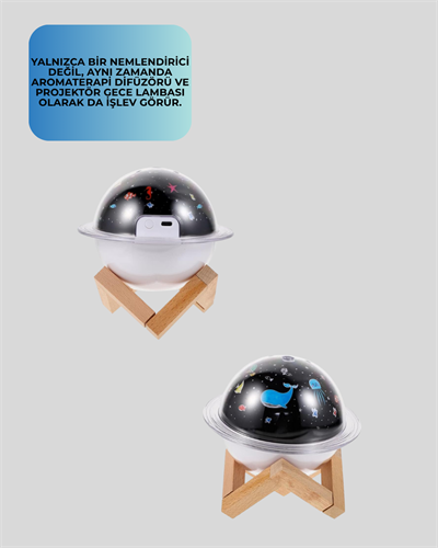 Projektör ışıklı ve aromaterapi destekli taşınabilir nemlendirici cihaz USB bağlantılı
