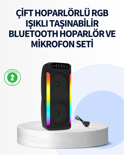 RGB Işıklı Çift Hoparlörlü Taşınabilir Bluetooth Speaker ve Mikrofon