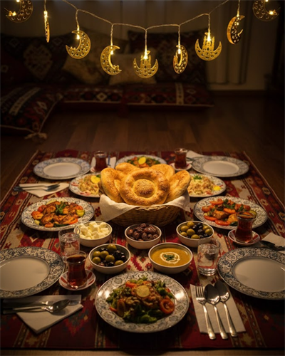 Ramazan Minare Detaylı Hilal LED Işık Günışığı Sarı Metal Süs