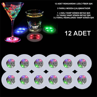Renkli LED Işıklı Bardak Altlığı - 12 Adet, Pilli