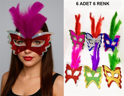 Renkli Parti Maskesi 6lı | Tüylü Karton Maske Seti (Lastikli)