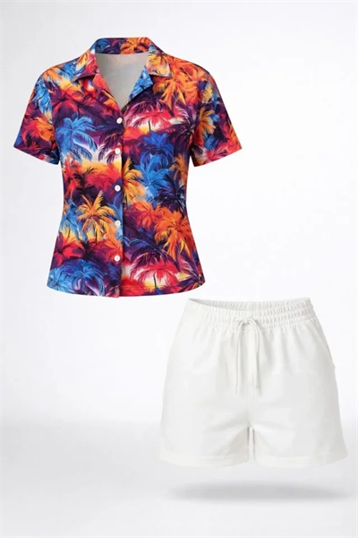 Renkli Tropikal Palmiye Desenli Kısa Kol Gömlek Şort Takım Yazlık Rahat Kalıp - Desenli