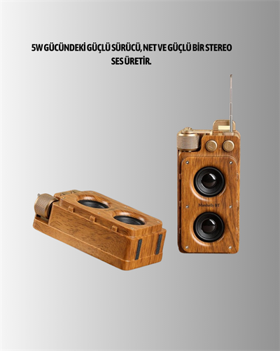 Retro Bluetooth Hoparlör Ahşap Görünümlü 5W Çift Stereo Ses
