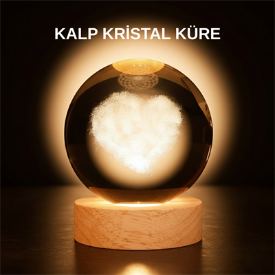 Romantik Kalpli Kristal Cam Küre USB’li Işıklı Dekoratif Obje