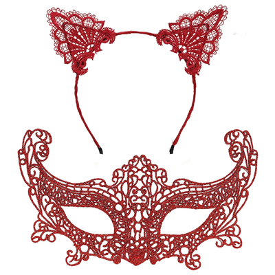 Romantik Kırmızı Dantel Maske Seti – Kedi Kulaklı Taç ve Maske No 3