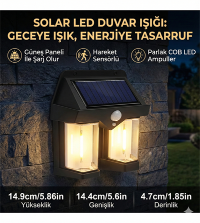 Rustik Ampul İkili Solar Duvar Aplik Güneş Enerjili Hareket Sensörlü