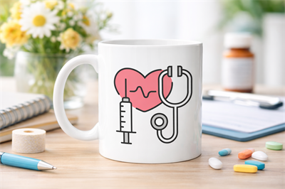 Sağlık Temalı Porselen Kupa MODEL 170 – Stetoskop Kalp ve Şırınga Tasarımlı Kahve Kupası – Doktor ve Hemşire Hediyesi