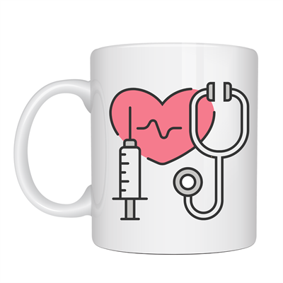 Sağlık Temalı Porselen Kupa MODEL 170 – Stetoskop Kalp ve Şırınga Tasarımlı Kahve Kupası – Doktor ve Hemşire Hediyesi