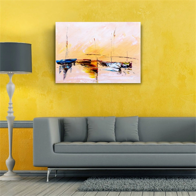 Sahilde Demirli Yelkenliler Yağlıboya Kanvas Tablo 50 x 70