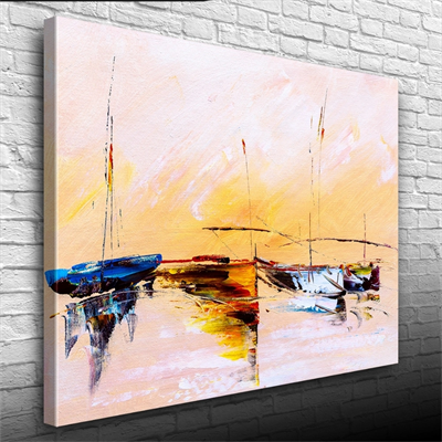 Sahilde Demirli Yelkenliler Yağlıboya Kanvas Tablo 50 x 70