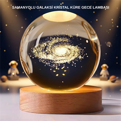 Samanyolu Desenli Kristal Küre Ahşap Standlı Gün Işığı LED Masa Lambası