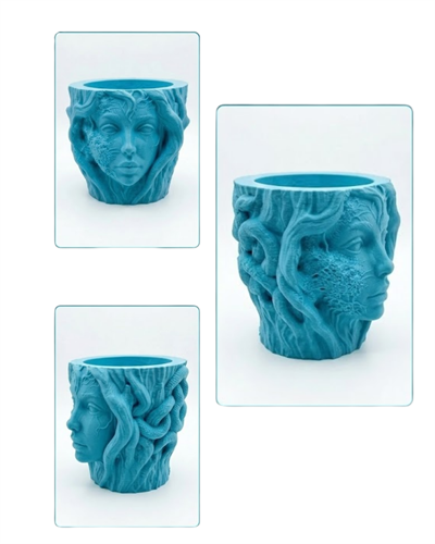 Sanatsal Kadın Yüzü Ağaç Detaylı 3D Baskı Dekoratif Vazo Saksı