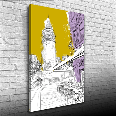 Sarı, Beyaz ve  Mor Tonlarda Galata Kulesi ve kafe Görseli Kanvas Tablo 50 x 70