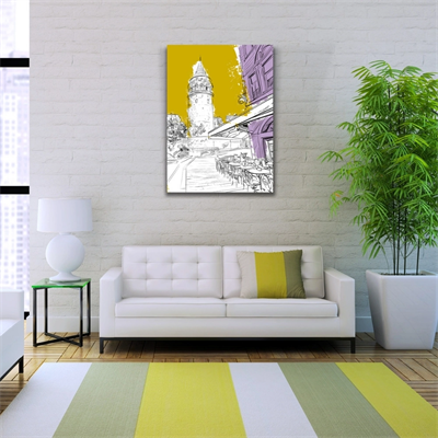 Sarı, Beyaz ve  Mor Tonlarda Galata Kulesi ve kafe Görseli Kanvas Tablo 50 x 70