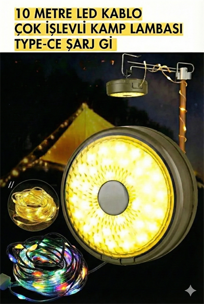 Şarjlı 10 Metre Ledli Şarj Göstergeli 8 Işık Modlu Hareketli Ve Flaşör Modlu Kamp Lambası Led Işık