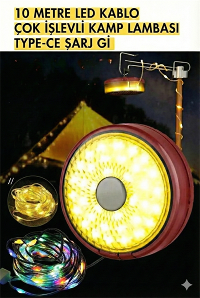 Şarjlı 10 Metre Ledli Şarj Göstergeli 8 Işık Modlu Hareketli Ve Flaşör Modlu Kamp Lambası Led Işık