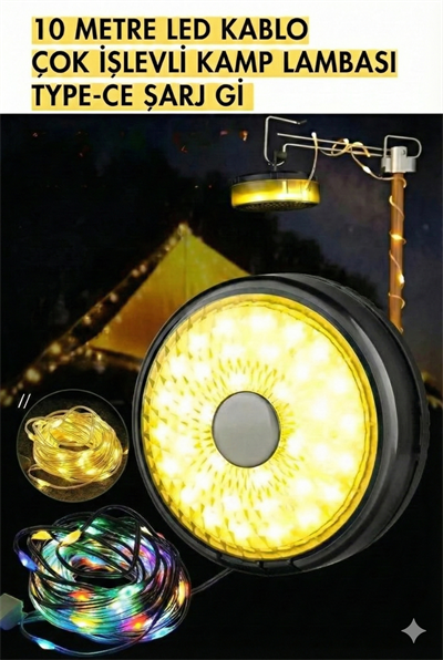 Şarjlı 10 Metre Ledli Şarj Göstergeli 8 Işık Modlu Hareketli Ve Flaşör Modlu Kamp Lambası Led Işık