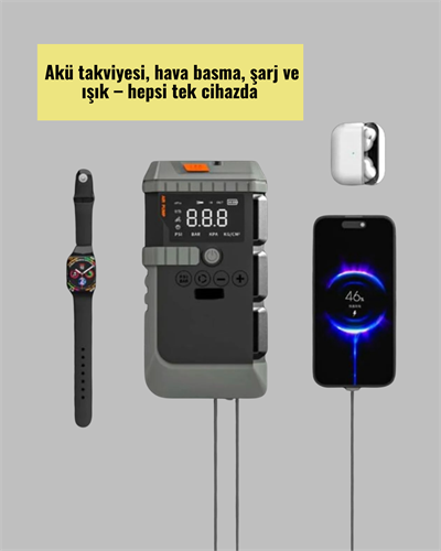 Şarjlı 12000 mAh Araç Akü Takviye ve Hava Kompresörü 4’ü 1 Arada