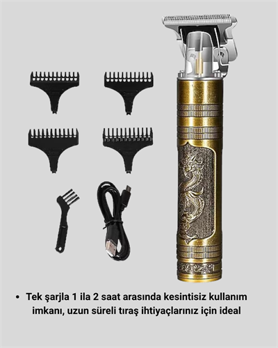Şarjlı T Bıçaklı Saç ve Sakal Tıraş Makinesi – 3 Başlıklı, Güçlü Motorlu, 2 Saat Kullanım