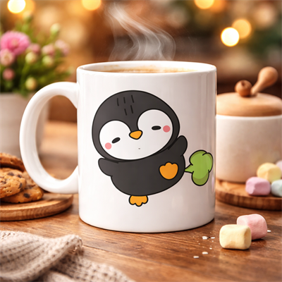 Şaşkın Penguen Tasarımlı Porselen Kupa MODEL 89 – Eğlenceli, Neşeli ve Sıcacık Kahve Keyfi