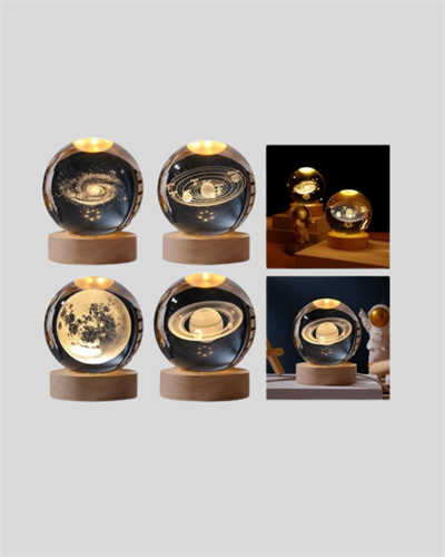 Satürn Desenli Kristal Küre LED Gece Lambası Ahşap Standlı