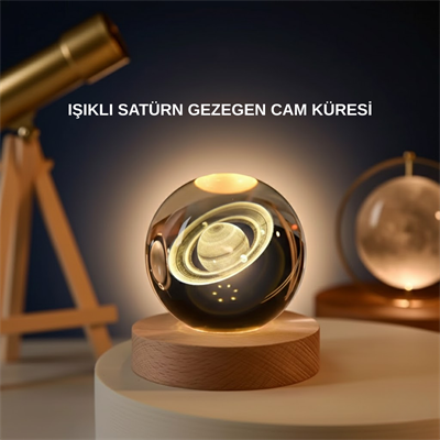 Satürn Gezegenli Kristal Küre LED Lamba USB’li Ahşap Standlı