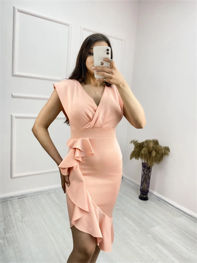 Scuba Kumaş Önü Fırfırlı Midi Boy Elbise