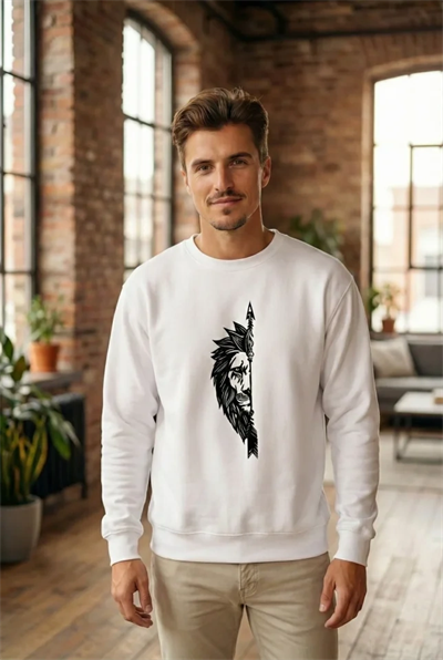 Sevgililer Günü Özel Bisiklet Yaka Aslan Baskılı Oversize Sweatshirt - Beyaz