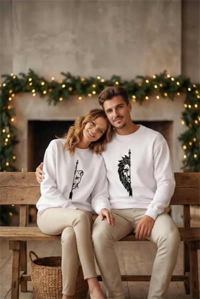 Sevgililer Günü Özel Bisiklet Yaka Aslan Baskılı Oversize Sweatshirt - Beyaz