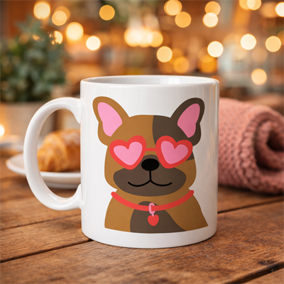 Sevimli French Bulldog Desenli Porselen Kupa Model 48 – Kalpli Gözlüklü Köpek Tasarımı, Hediye Kupa, Kahve & Çay Kupası