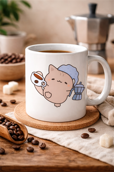 Sevimli Kahve Kedisi Tasarımlı Porselen Kupa MODEL 199 – Kahve Severlere Özel Eğlenceli Kedi Baskılı Kahve Kupası – Ofis ve Ev İçin Hediye Kupa