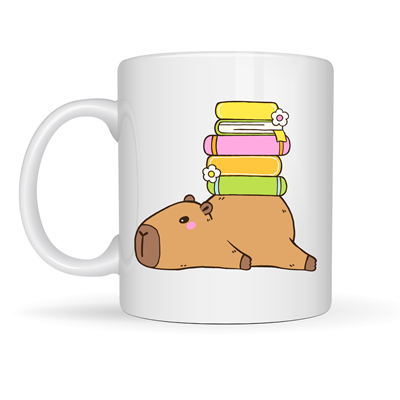 Sevimli Kapibara Kitaplı Kupa MODEL 101 – Kahve & Çay Kupası Kitap Severlere Özel Tatlı Tasarım Porselen Kupa