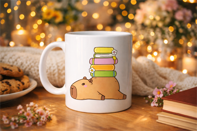 Sevimli Kapibara Kitaplı Kupa MODEL 101 – Kahve & Çay Kupası Kitap Severlere Özel Tatlı Tasarım Porselen Kupa