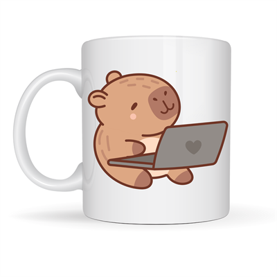Sevimli Kapibara Laptop Tasarımlı Porselen Kupa MODEL 103 – Ofis & Ev İçin Sıcak Kahve Kupası Hediye Fikirleri