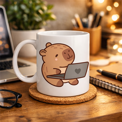 Sevimli Kapibara Laptop Tasarımlı Porselen Kupa MODEL 103 – Ofis & Ev İçin Sıcak Kahve Kupası Hediye Fikirleri
