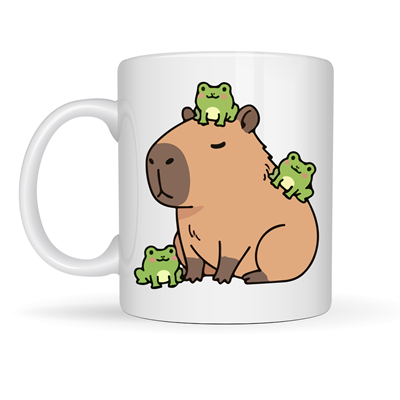 Sevimli Kapibara ve Kurbağa Desenli Porselen Kupa MODEL 98 – Eğlenceli Tasarım, Kahve & Çay Kupası, Hediye Fikri