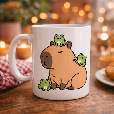 Sevimli Kapibara ve Kurbağa Desenli Porselen Kupa MODEL 98 – Eğlenceli Tasarım, Kahve & Çay Kupası, Hediye Fikri