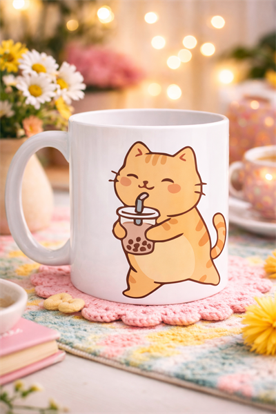 Sevimli Kedi Bubble Tea Tasarımlı Porselen Kupa MODEL 192 – Boba Çayı İçen Kedi Kahve Kupası – Kedi Severlere Hediyelik Kupa Bardak