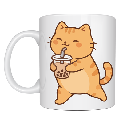 Sevimli Kedi Bubble Tea Tasarımlı Porselen Kupa MODEL 192 – Boba Çayı İçen Kedi Kahve Kupası – Kedi Severlere Hediyelik Kupa Bardak