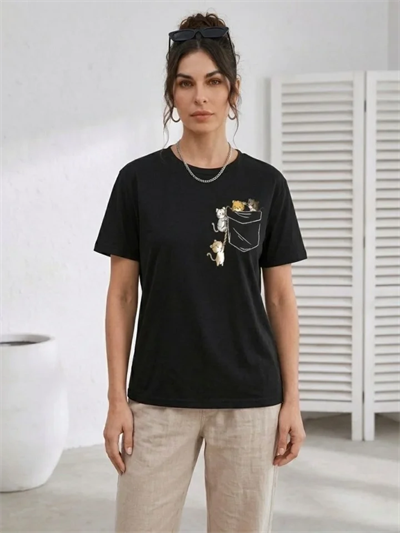 Sevimli Kedi Cep Baskılı Tişört Kısa Kol Yazlık T-Shirt - Siyah