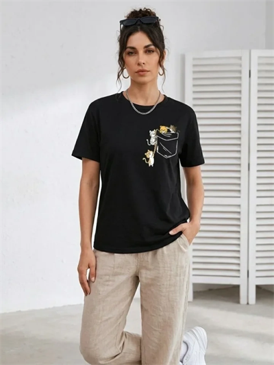 Sevimli Kedi Cep Baskılı Tişört Kısa Kol Yazlık T-Shirt - Siyah