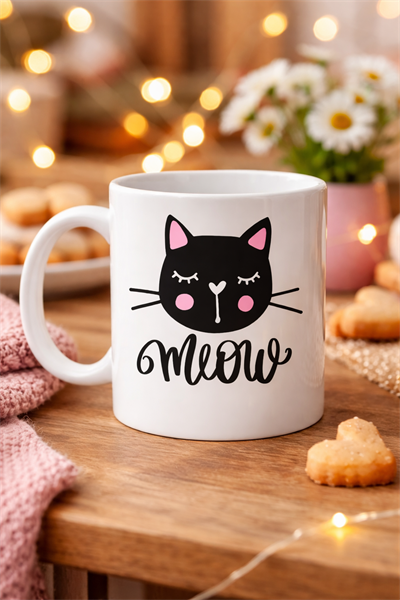 Sevimli Kedi Desenli Porselen Kupa MODEL 63 – “Meow” Yazılı Kahve & Çay Keyfi İçin Tatlı Tasarım