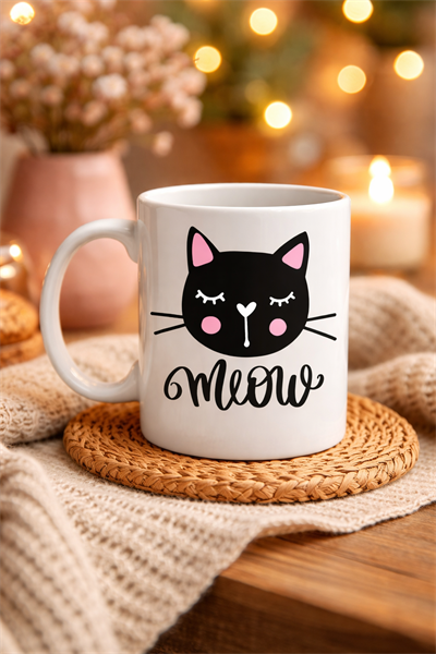 Sevimli Kedi Desenli Porselen Kupa MODEL 63 – “Meow” Yazılı Kahve & Çay Keyfi İçin Tatlı Tasarım