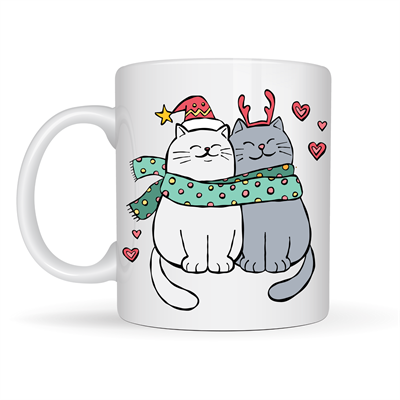 Sevimli Kedi Figürlü Yılbaşı Temalı Porselen Kupa MODEL 75 – Aşık Kediler Desenli, Sıcacık Tasarım, Kahve & Çay Kupası